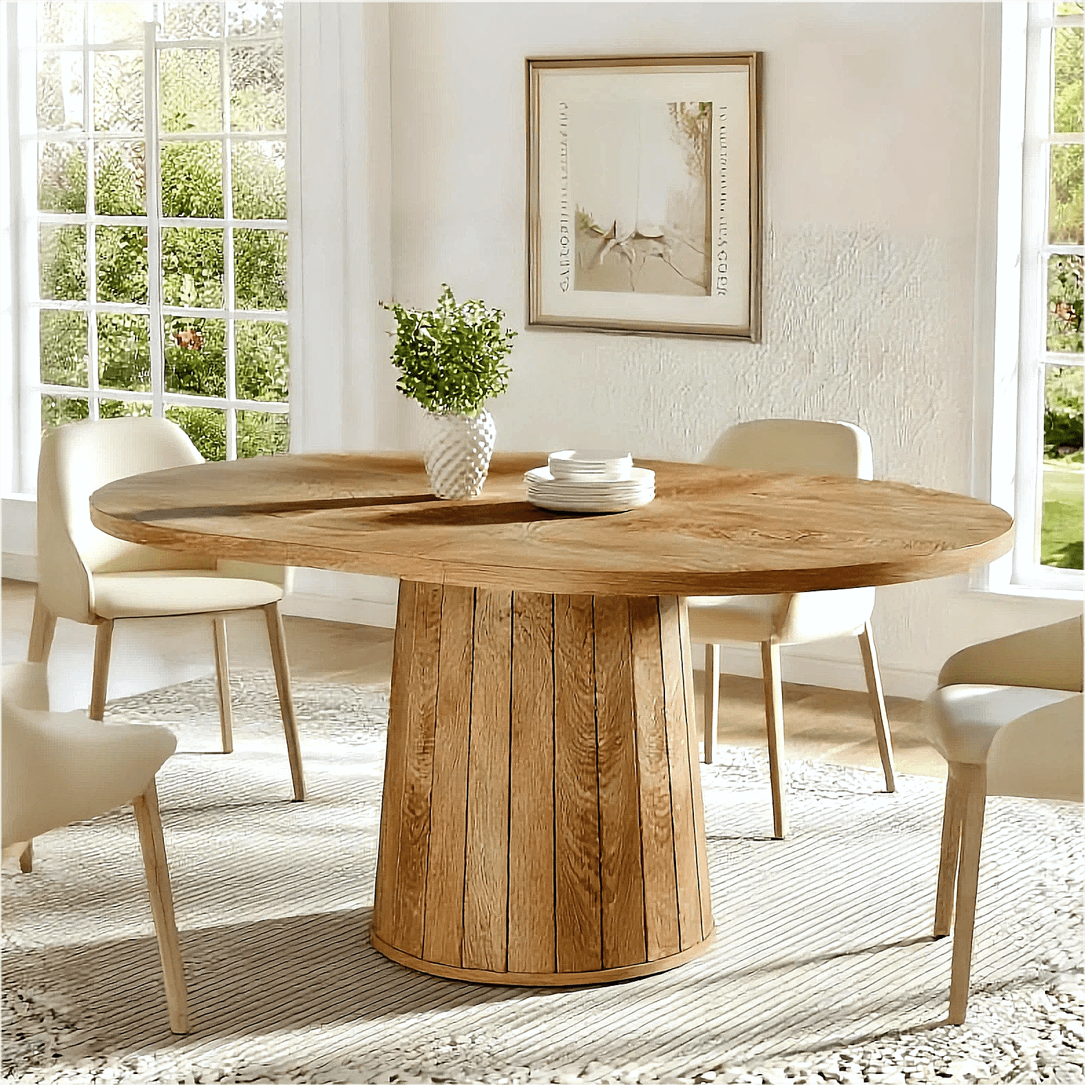 Fnova 55" Oval Dining Table for 6 People, Farmhouse Wood Kitchen Table with Round Shaped Base, Easy to Assemble,Light Brown