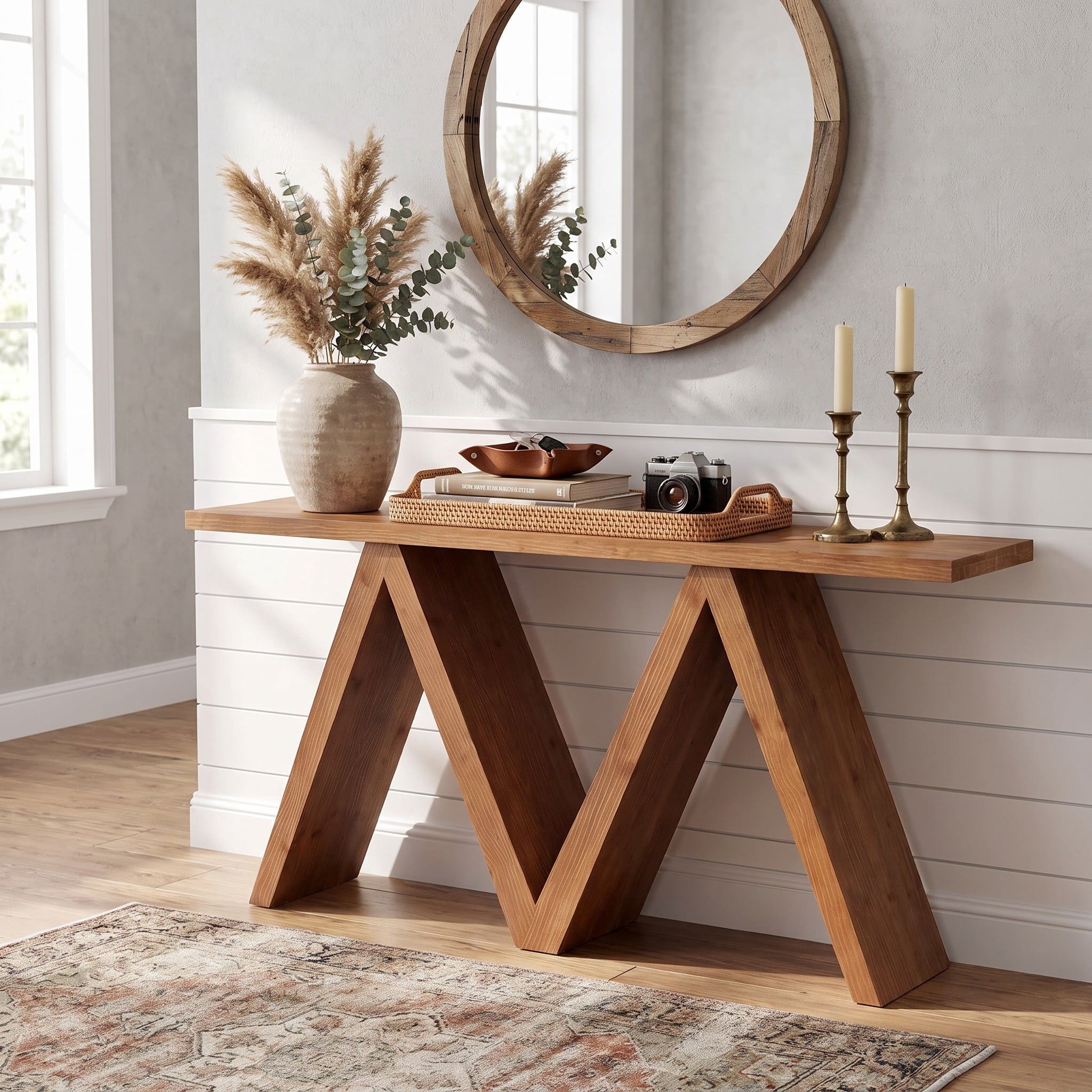 Fnova 63 Inch Solid Wood Console Table with M-Shaped Base, Farmhouse Entryway Table, Hallway Sofa Table for Living Room, Foyer, Home Office,WM010962_BN_US