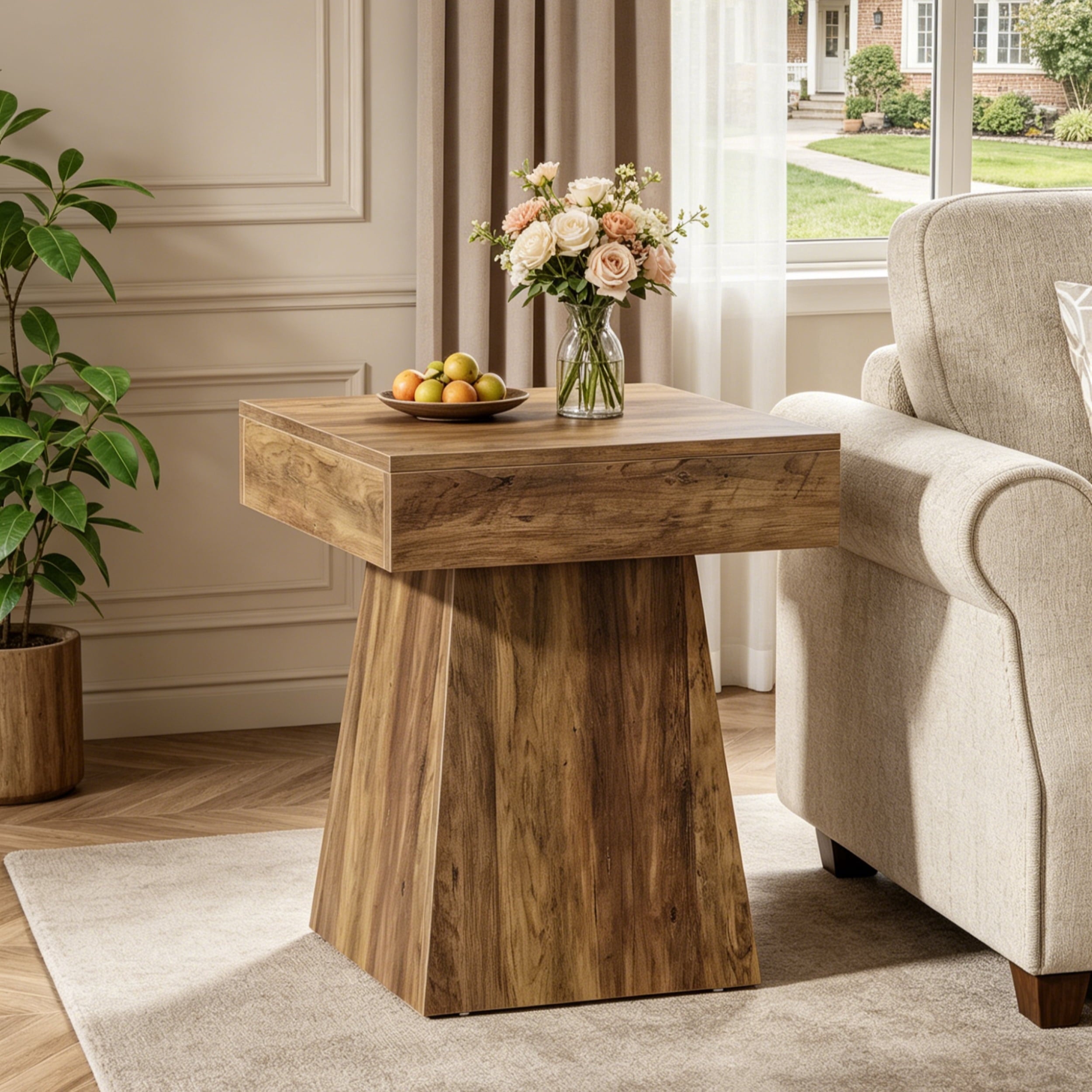 Fnova Rustic Square Small End Table, Farmhouse Bedside Nightstand, Wide Stable Base, Accent Side Table for Living Room, Bedroom, Couch Side, Small Spaces, Brown,WM010151_DBN_US