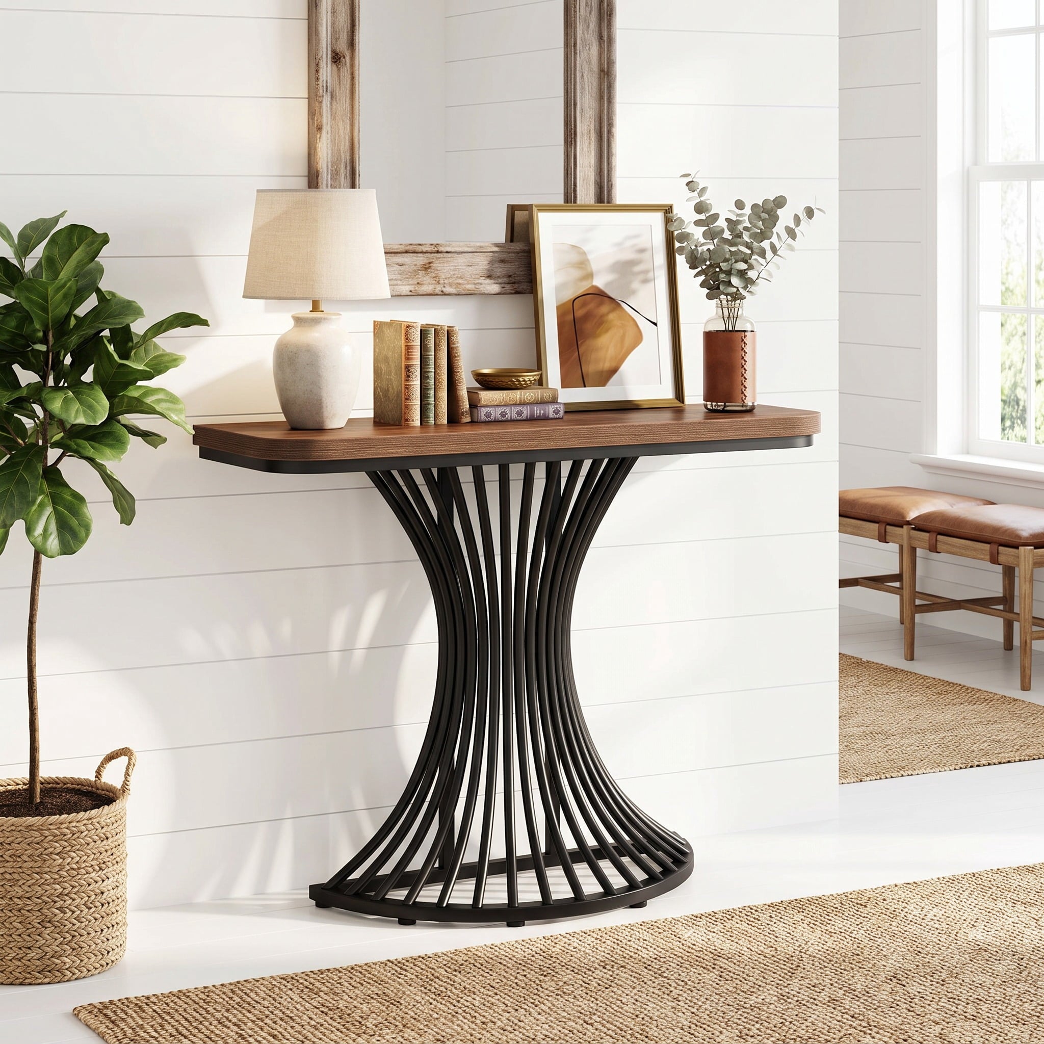 Fnova 39.37-Inch Hourglass Curved Metal Console Table, 1.18-Inch Thick Wood Veneer Top Sofa Table, for Entryway Hallway Living Room Foyer Decor,WM010961_BNB_US