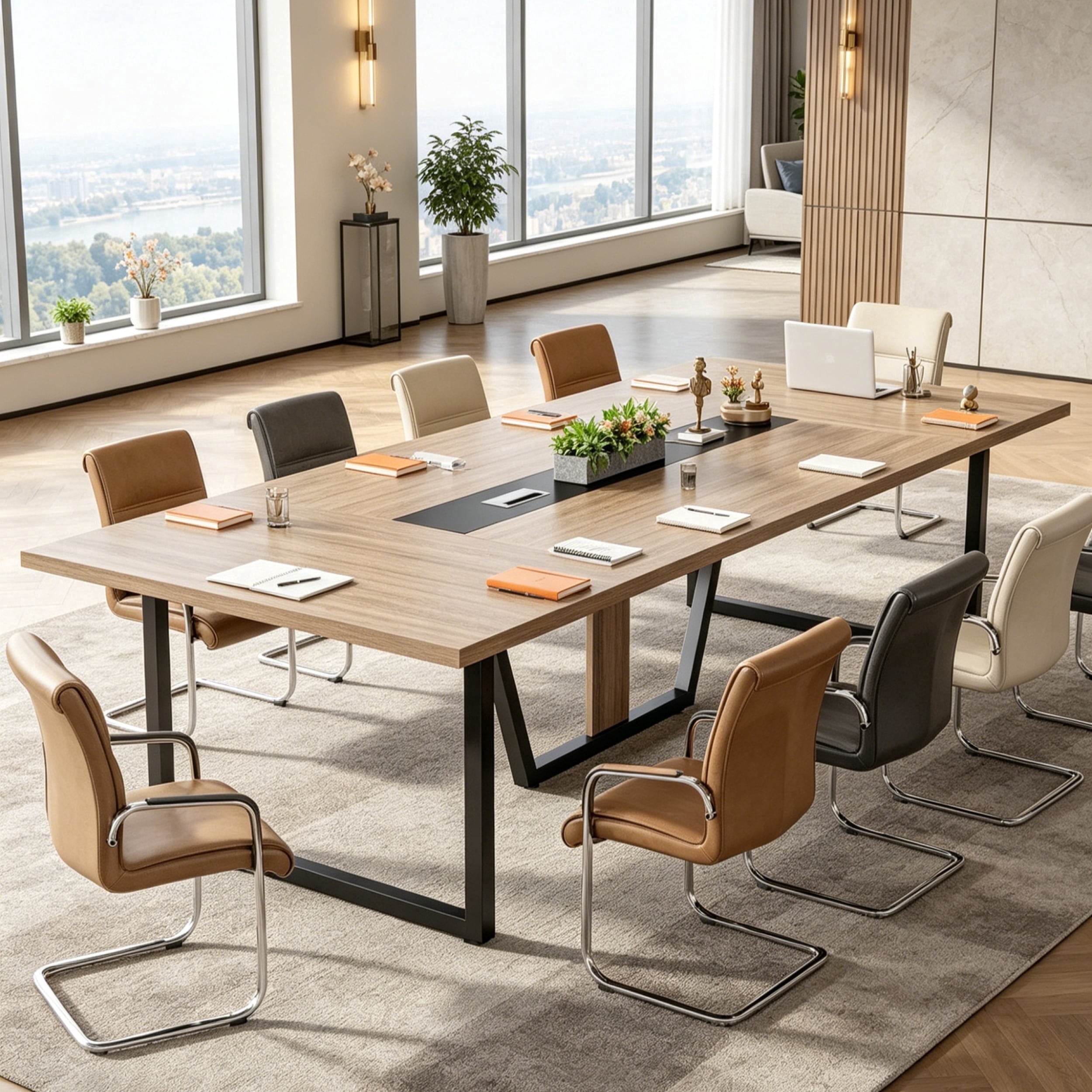 Fnova 94"Large Conference Table for 8-10 People, Modern Executive Meeting Table with Cable Management & Adjustable Feet, Heavy-Duty Office Conference Desk for Boardroom, Training Room,Light Brown