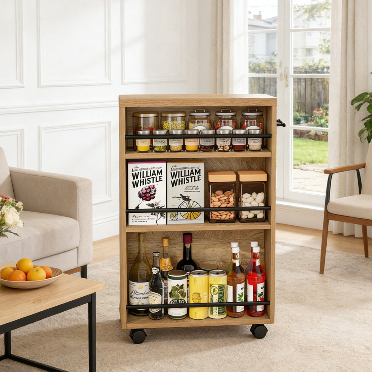 Fnova 3-Tier Rolling Storage Cart, Farmhouse Narrow Kitchen Storage Solution with Lockable Casters & Pull Handle, Metal Frame for Kitchen/Bathroom/Home Office/Laundry, Easy Assembly,WM010535_BN_Shelf