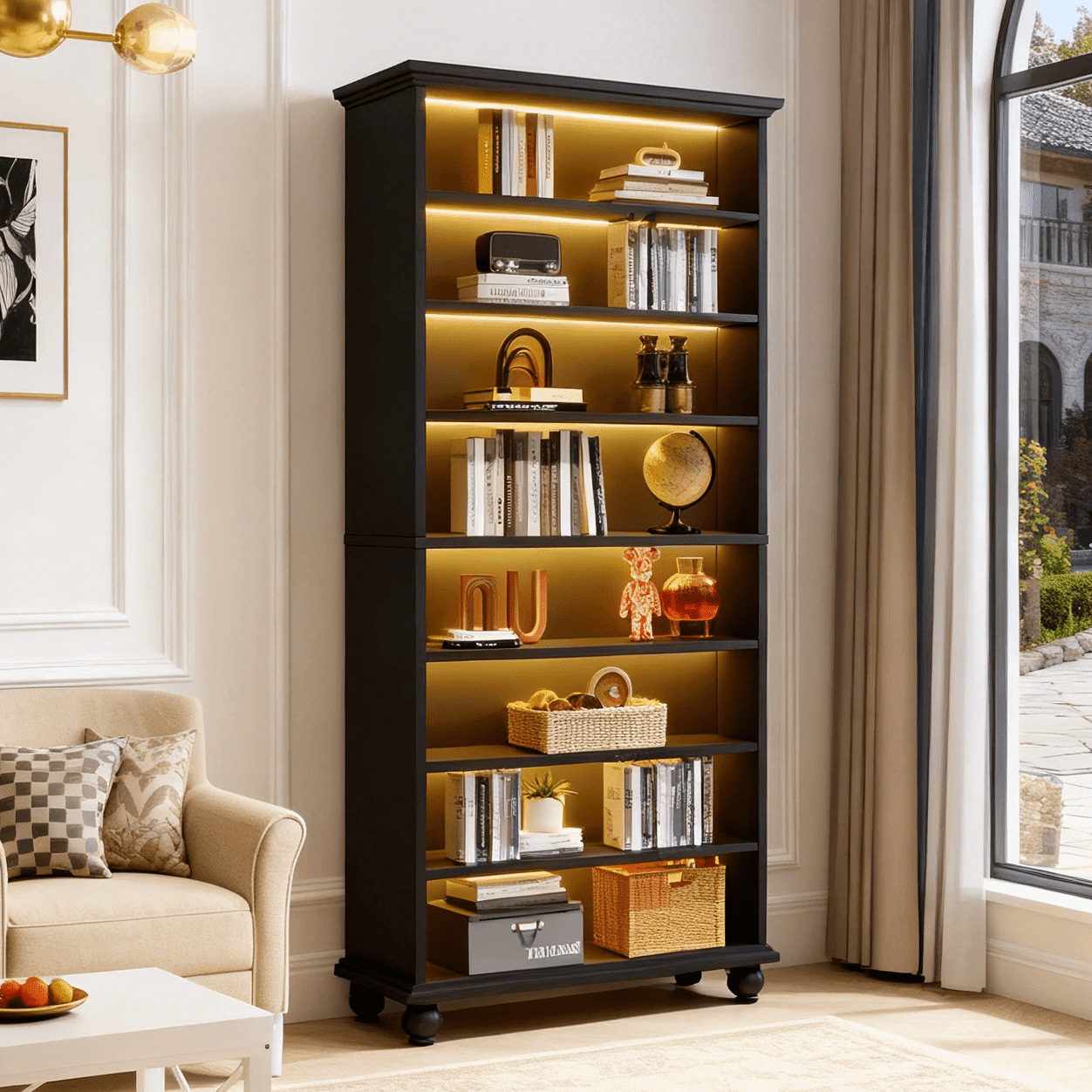 Fnova 69" 9-Tier Modern Cabinet with LED Lights, Bookcase, Shoe Storage, Side Cabinet, Adjustable Shelves, Wood Legs, 30 Pairs Capacity, Easy Assembly for Entryway, Hallway, Living Room, Bathroom,Black