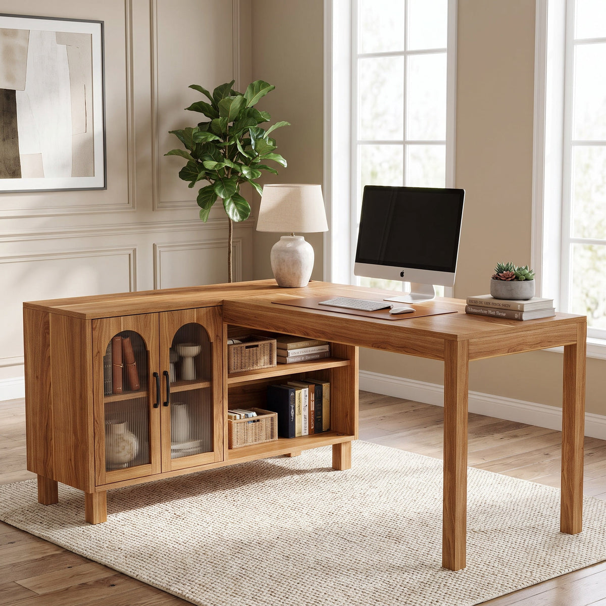 Fnova 59-Inch L-Shaped Corner Desk, Storage Cabinet Corner Computer Desk for Home Office, Gaming Setup Workstation, Study Room & Small Space,WM010832_BN_US
