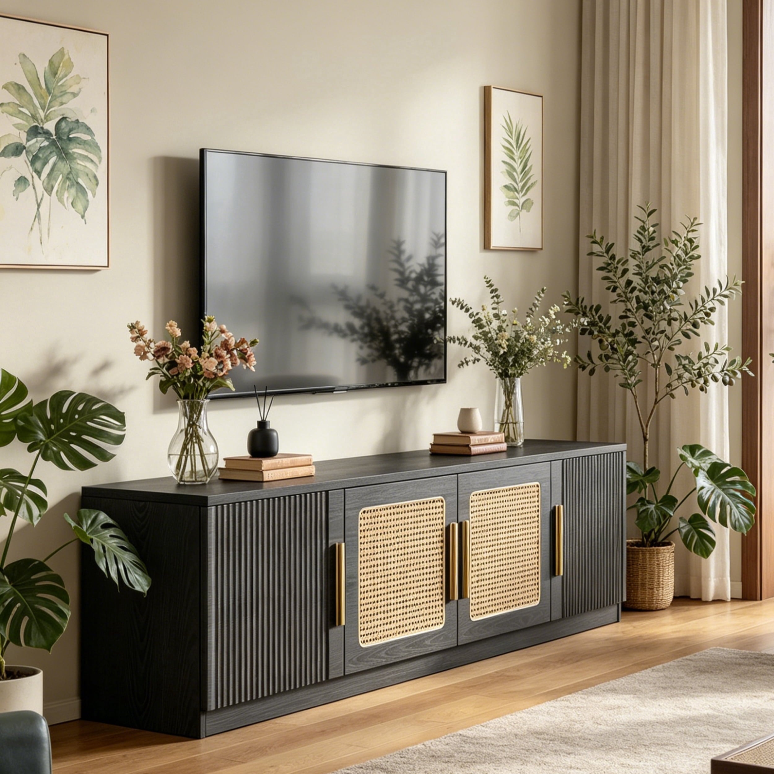 Fnova 70.9" Farmhouse TV Stand for TVs up to 80", Wood Rattan Entertainment Center with Storage Shelves for Living Room Bedroom,Black