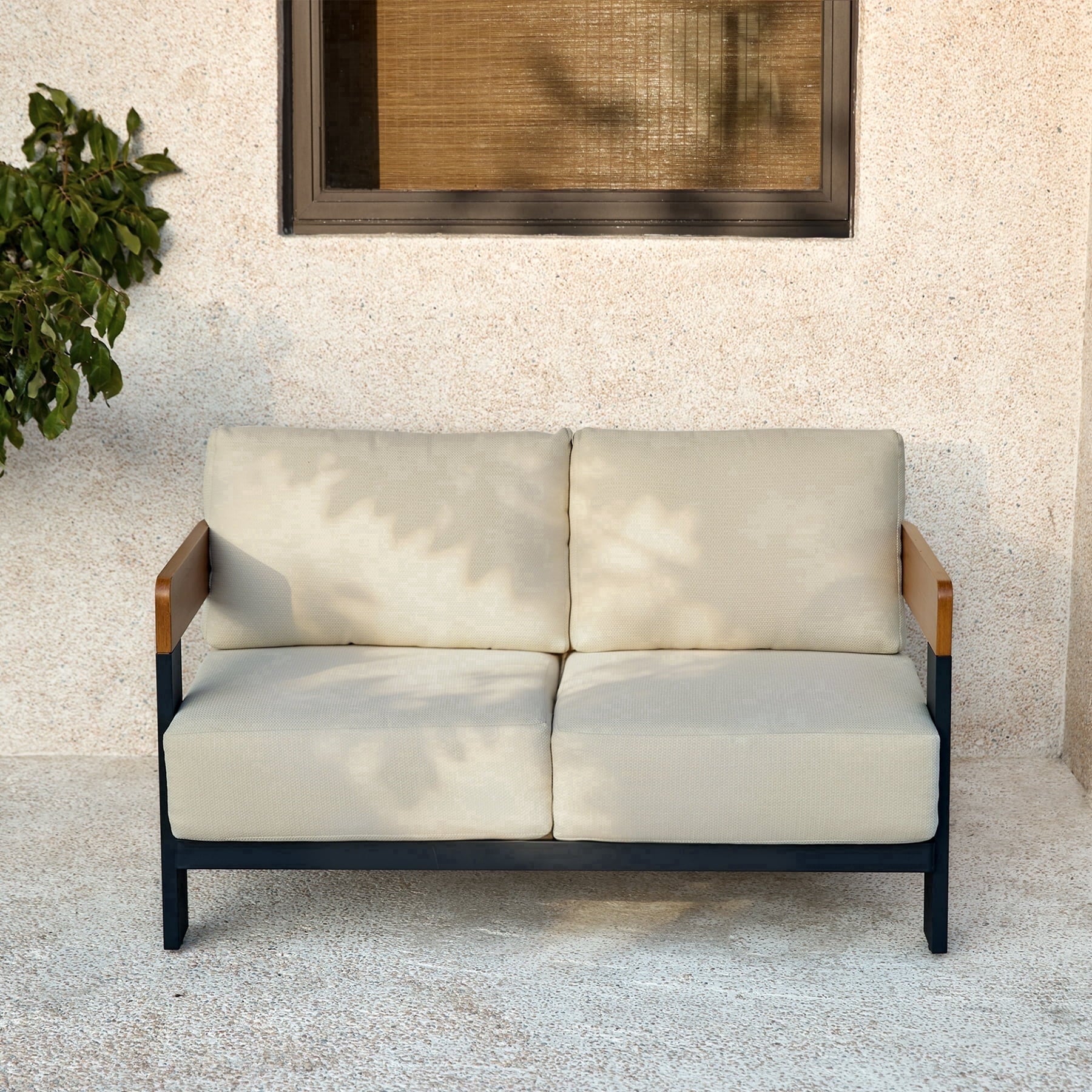 Fnova Outdoor U Shaped Loveseat, 2 Person Patio Lounge Sofa with Ultra Thick Cushions, Heavy Duty Frame, 900 LBS Capacity for Outdoor Patio Balcony Backyard,WM011507_W_US