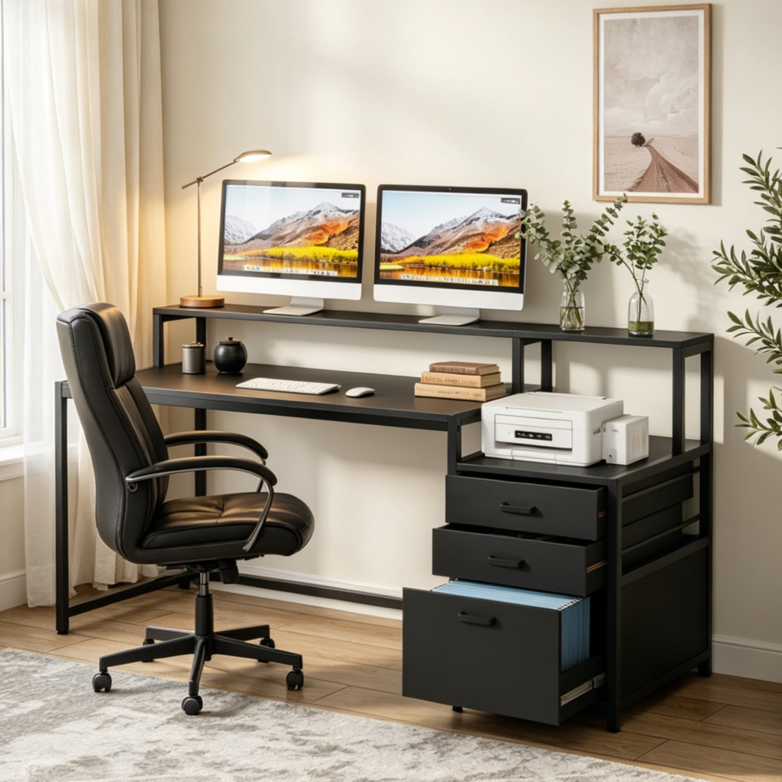 Fnova 63'' Computer Desk, Home Office Desk with File Drawer & Monitor Stand, Industrial Workstation Desk, Dual-Tier Desktop with Adjustable Drawer & Storage, for Home Office, Study & Workspace,Black
