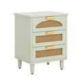 Fnova Rattan Nightstand with 3 Drawers, Mint Green Bedside Table with Natural Rattan Drawer Fronts, Wood End Table for Bedroom, Living Room, Small Spaces, 19.69" x 15.75" x 25.59"