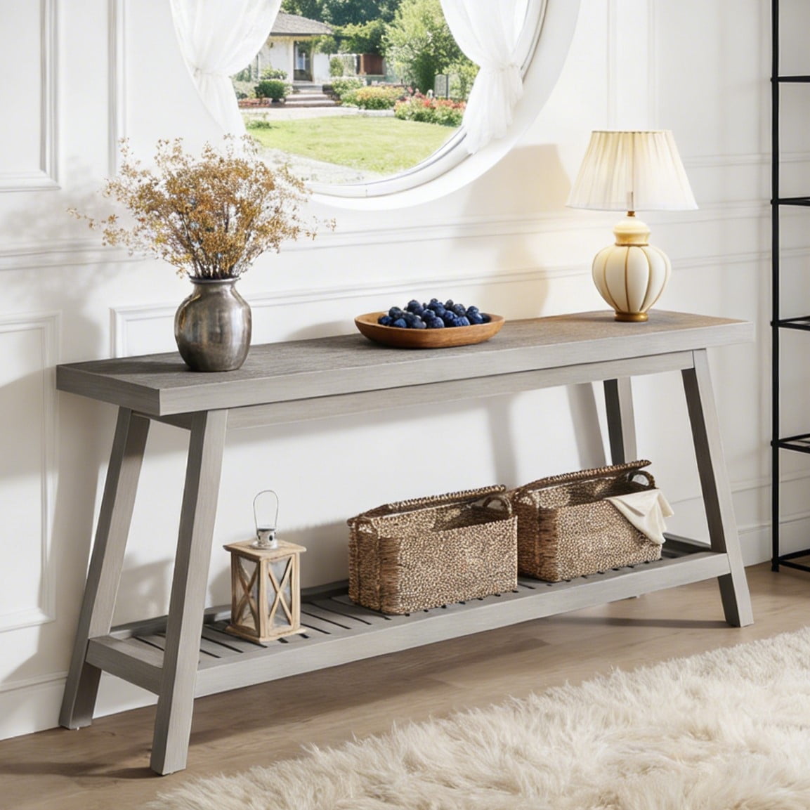 Fnova 71-Inch Farmhouse 2-Tier Console Table, Sofa Table with Lower Shelf, Heavy-Duty Trapezoid Base, for Entryway/Living Room, Easy Assembly,WM010289_G_Table