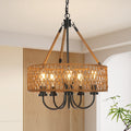 Fnova Farmhouse Rattan 19.7-Inch 5-Light Chandelier, Height-Adjustable Ceiling Pedant Lighting Fixture for Kitchen Island and Living Room,WM011107_BN_US