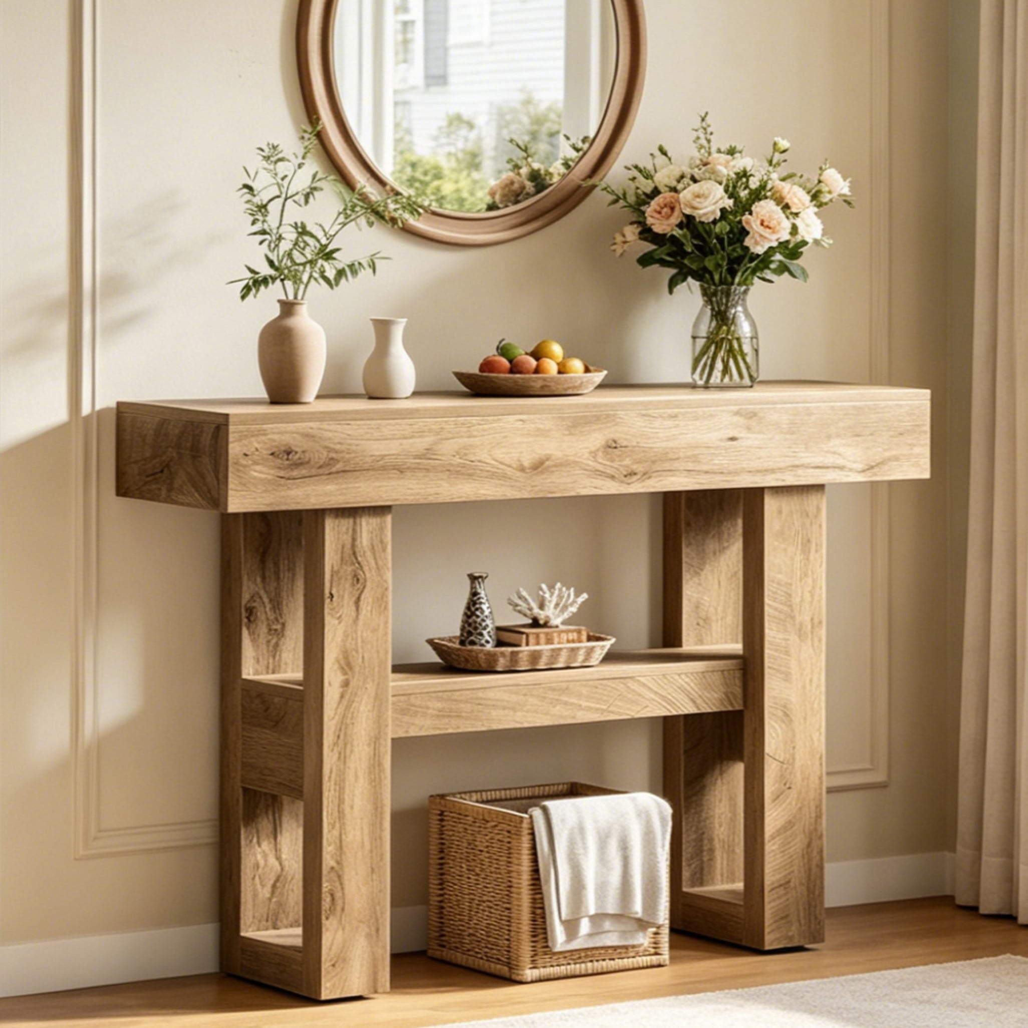 Fnova 41.34" Farmhouse Console Table, Narrow 2-Tier Wood Entryway Table with Storage Shelf, Sofa Table for Living Room, Hallway, Behind Couch, Light Brown,Light Brown
