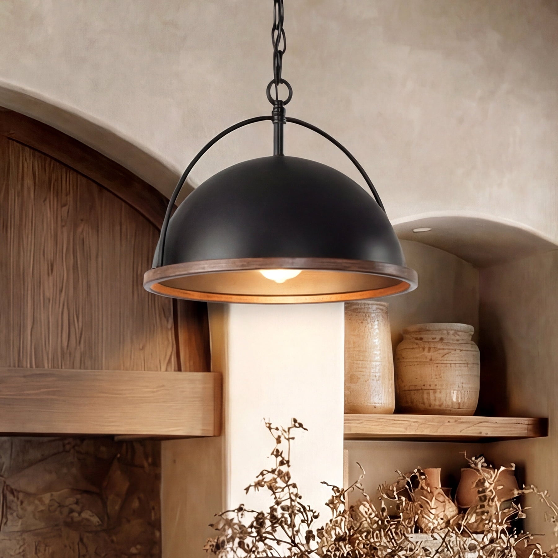 Fnova 1-Light Adjustable Dome Pendant Light with Wood Grain Trim, UL Certified Hanging Light Fixture for Kitchen Island Dining Room,WM011132_B_US