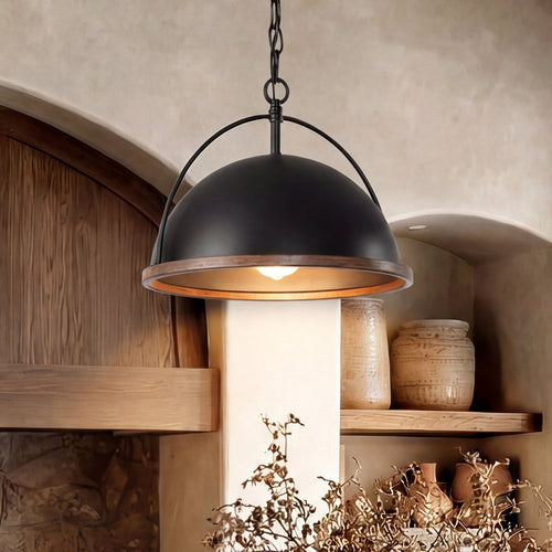 Fnova 1-Light Adjustable Dome Pendant Light with Wood Grain Trim, UL Certified Hanging Light Fixture for Kitchen Island Dining Room,WM011132_B_US