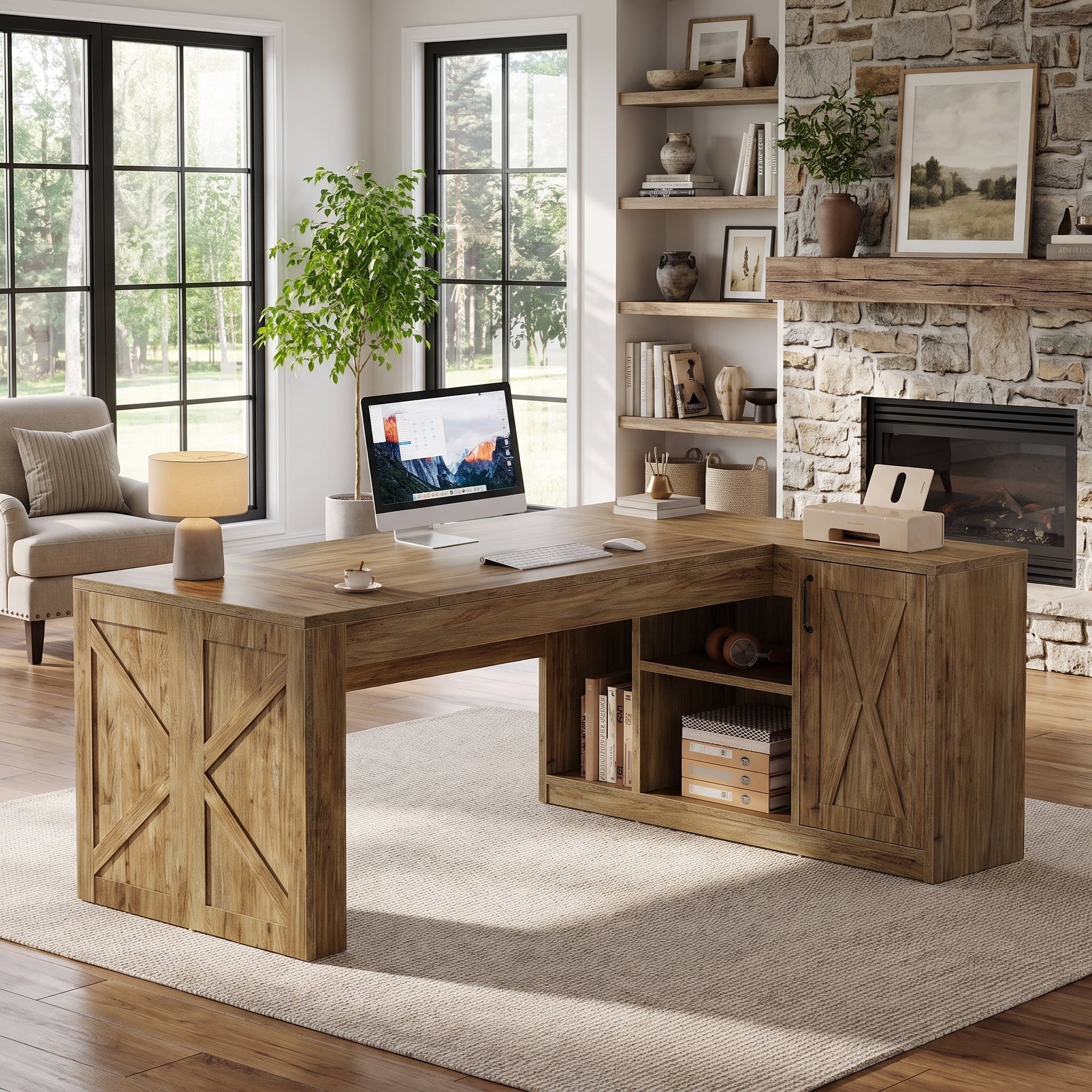 Fnova 71-Inch L-Shaped Executive Desk with Storage Cabinet, Modern Office Desk Writing Desk, Computer Desk for Home Office,WM010429_LBN_US