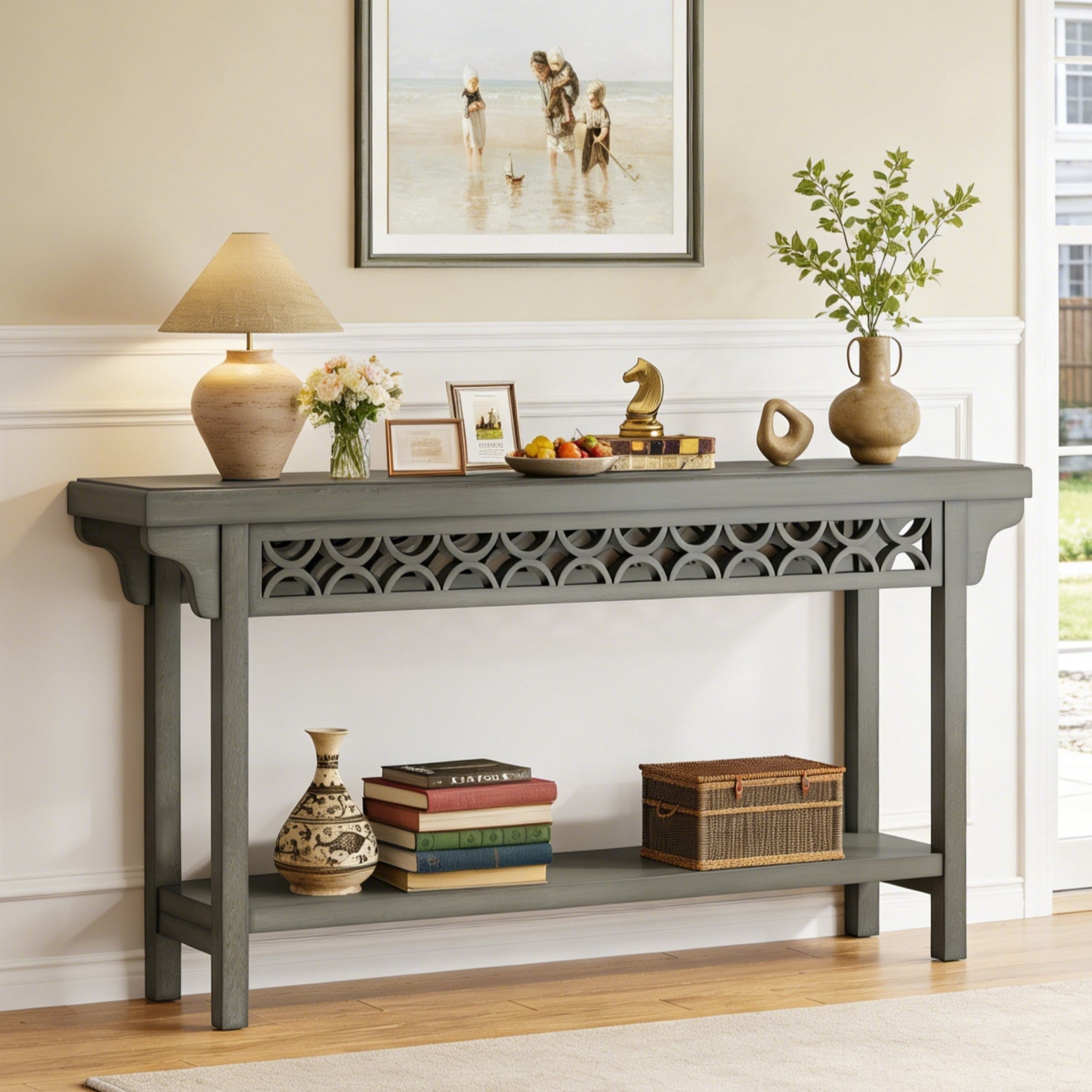 Fnova 70.87-Inch Farmhouse Console Table, Wood Entryway Table with Carved Design & Storage Shelf, Slim Sofa Table for Living Room Hallway, Gray,WM010340_G_US