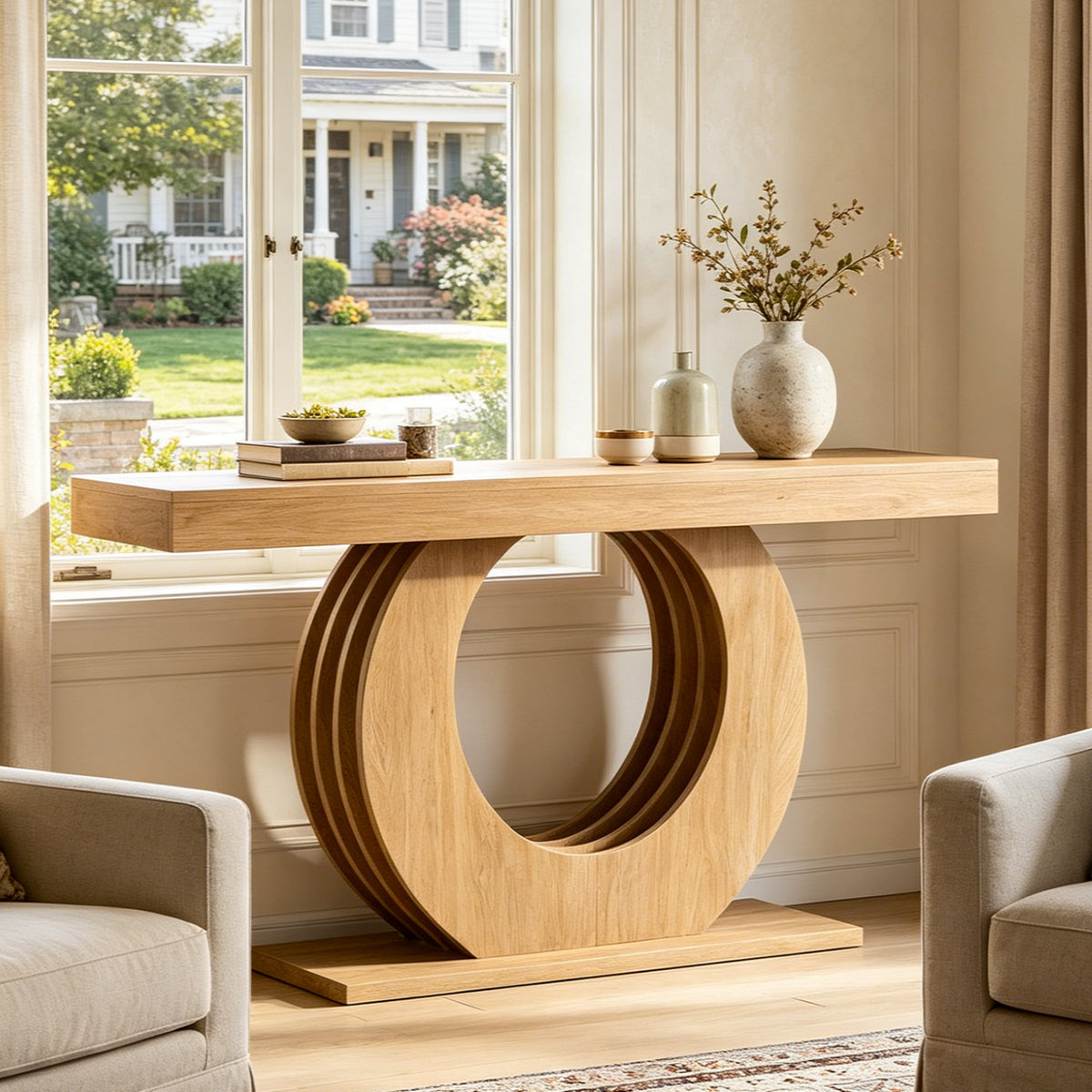 Fnova 63-Inch Farmhouse Console Table, Narrow Long Industrial Entryway Table Behind Sofa with Circle Base for Living Room, Hallway, Foyer, Bedroom,WM010365_BN_US