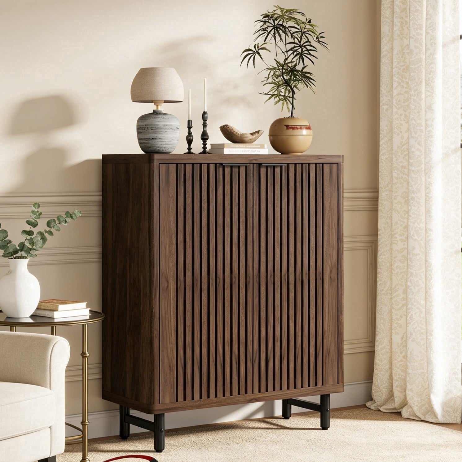 Fnova 6-Tier Farmhouse Cabinet with Adjustable Shelves, Side Cabinet & Shoe Storage, Shutter Doors, Wood & Metal, for Entryway, Hallway, Living Room, Bathroom,Dark Brown