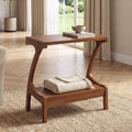 Fnova Solid Wood End Table, Narrow 2-Tier Side Table with Storage Shelf, Curved Frame Sofa Side Table, Easy Assembly, for Living Room, Bedroom, Entryway, Small Space,Brown