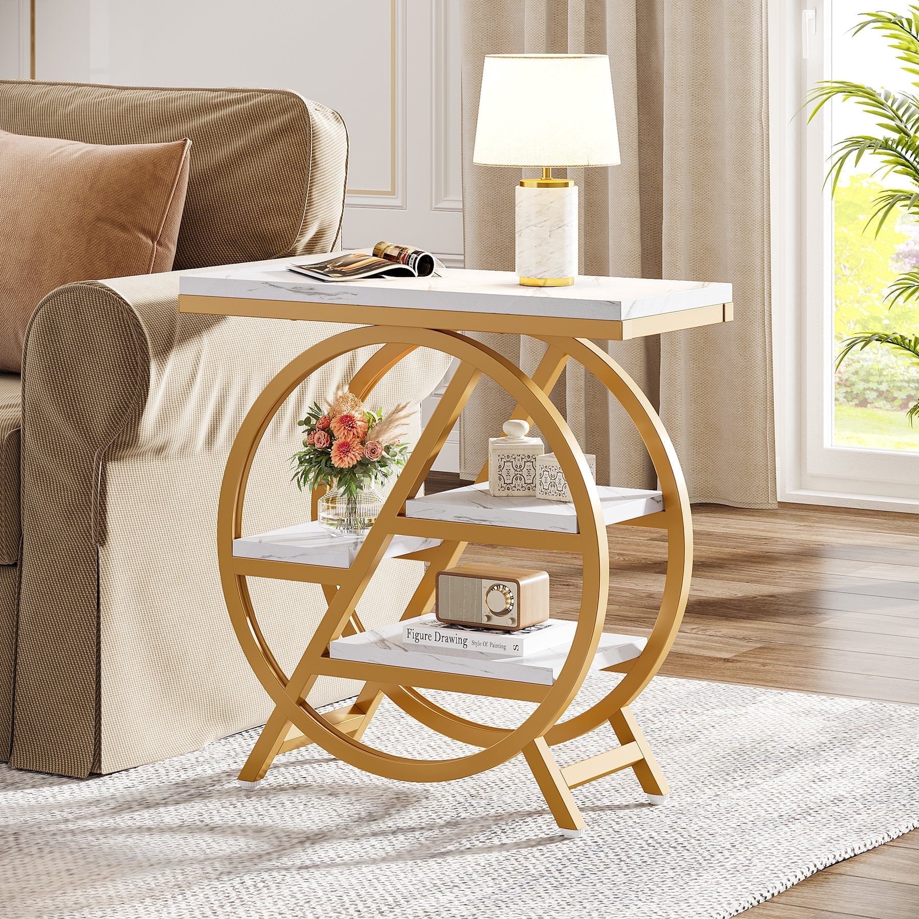Fnova Side Table with Circular Metal Frame, End Table with 4-Tier Shelves for Living Room, White Gold,White Gold
