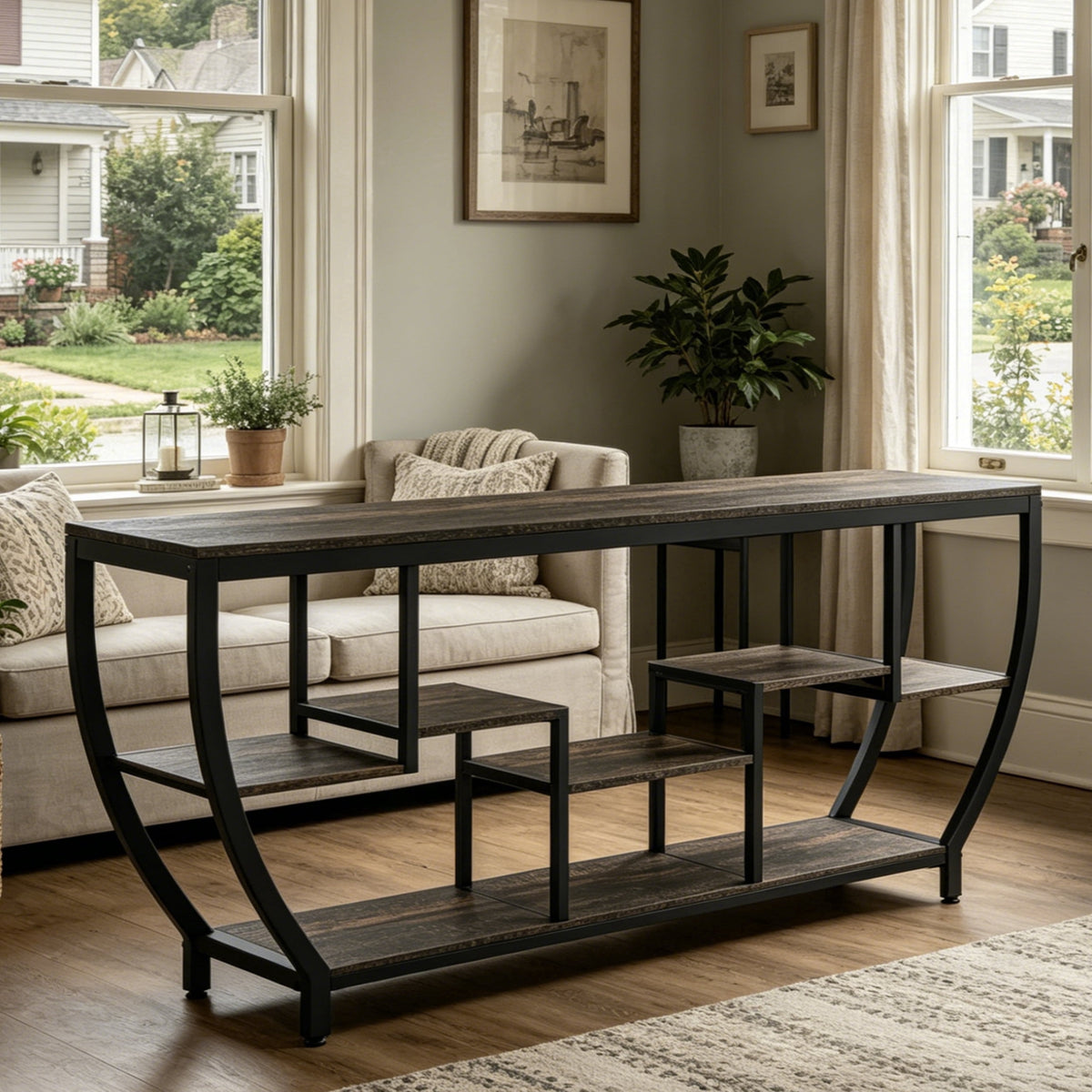 Fnova 70.9-Inch Console Table, Entertainment Center TV Stand with Storage Shelves, Industrial Entryway Sofa Table for Living Room, Entryway, Hallway,WM010355_B_US