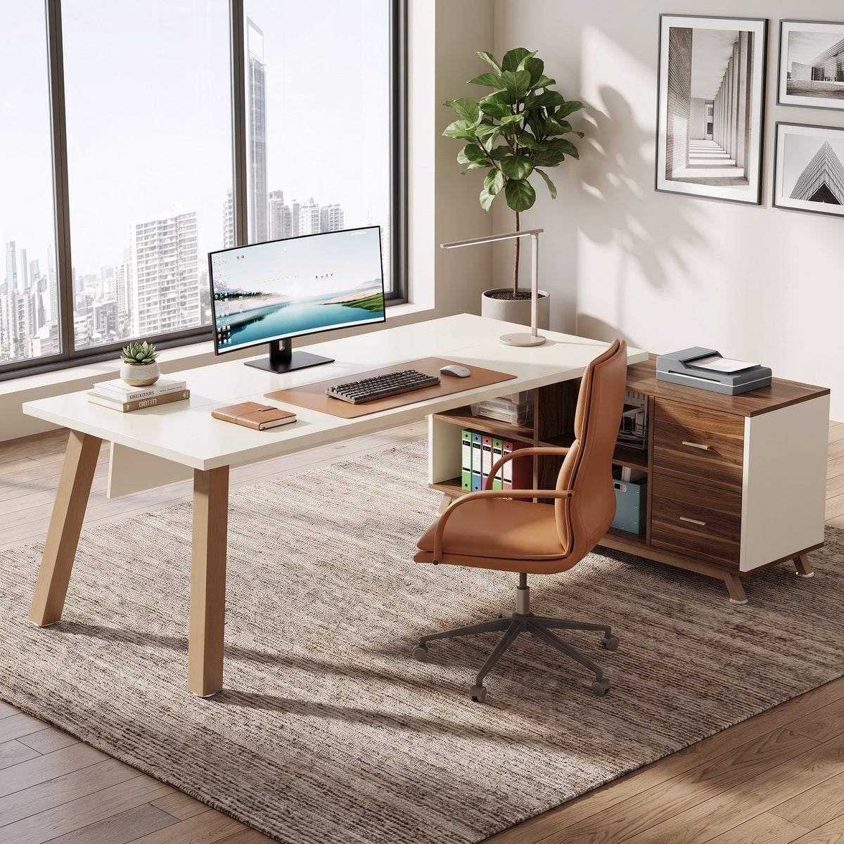 Fnova 78-Inch L-Shaped Executive Desk with Drawers and Open Storage, Modern Large Corner Computer Desk Writing Desk for Home Office,WM010431_BNW_US