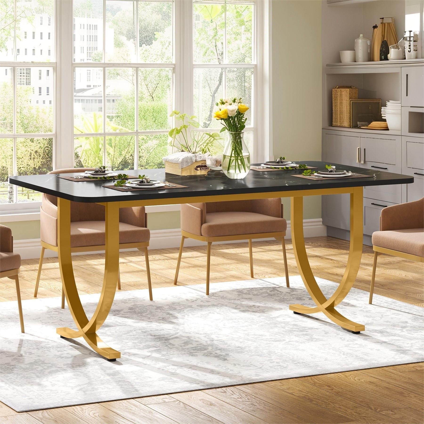 Fnova 63-Inch Modern Long Dining Table for 6 people, Rectangular Faux Marble Kitchen Table with Metal Legsfor Dining Room, Black Gold,WM010225C_BG1_Tables