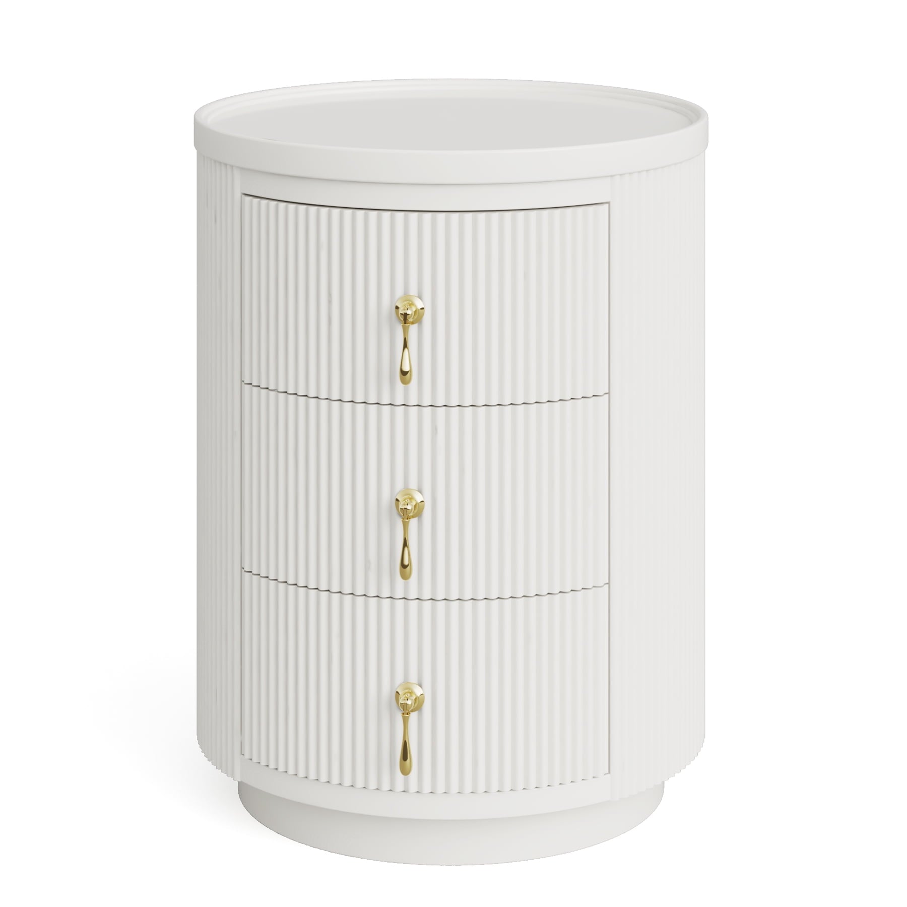 Fnova Round Nightstand with 3 Drawers, Fully Assembled Small End Table, Modern Bedside Table with Storage, White Accent Side Table with Gold Handles for Bedroom & Living Room