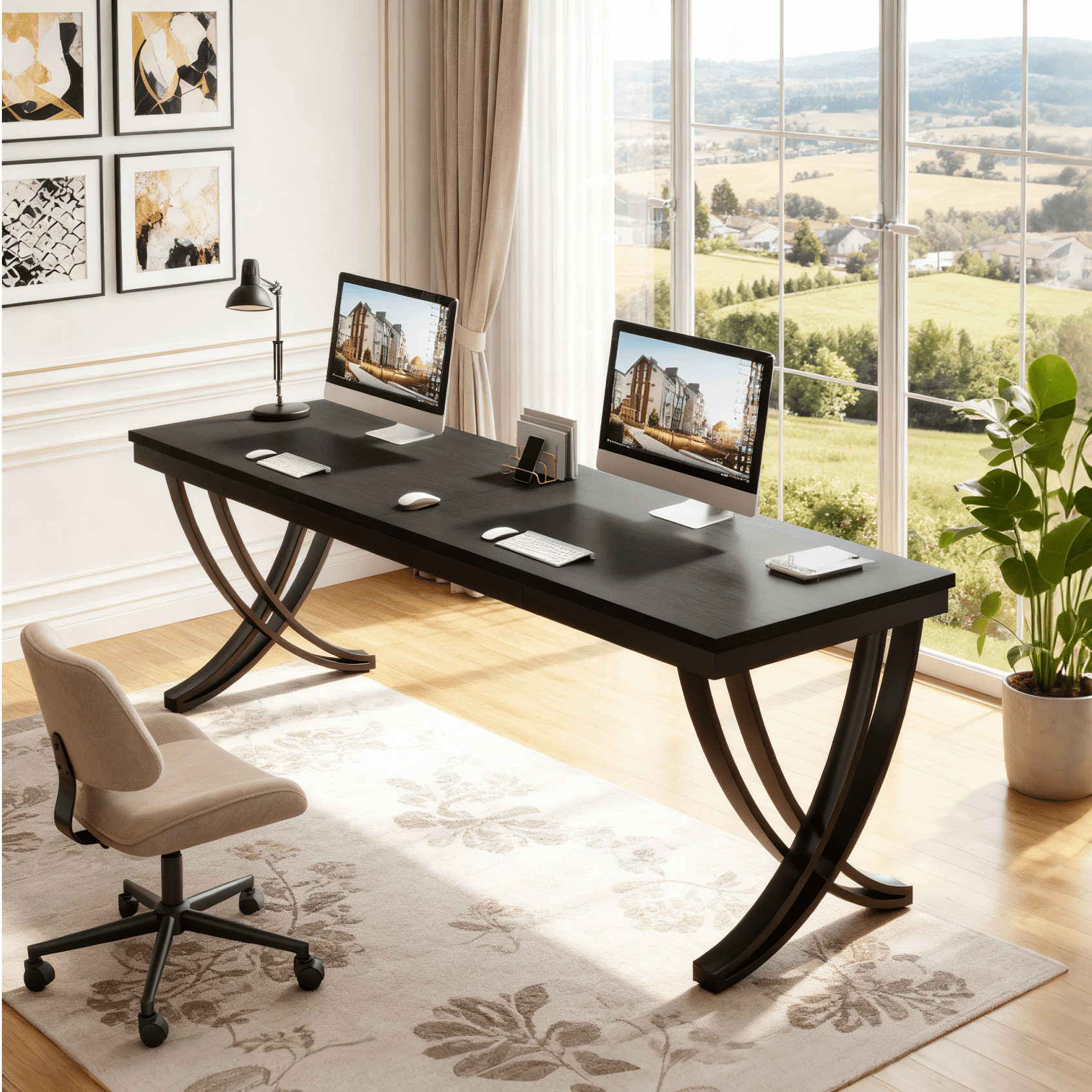 Fnova 78.74" Modern Desk, Wooden Computer Desk Writing Desk with Storage Shelf, Back Baffles & Metal Legs, for Living Room/Kitchen/Home Office, Easy Assembly,Black