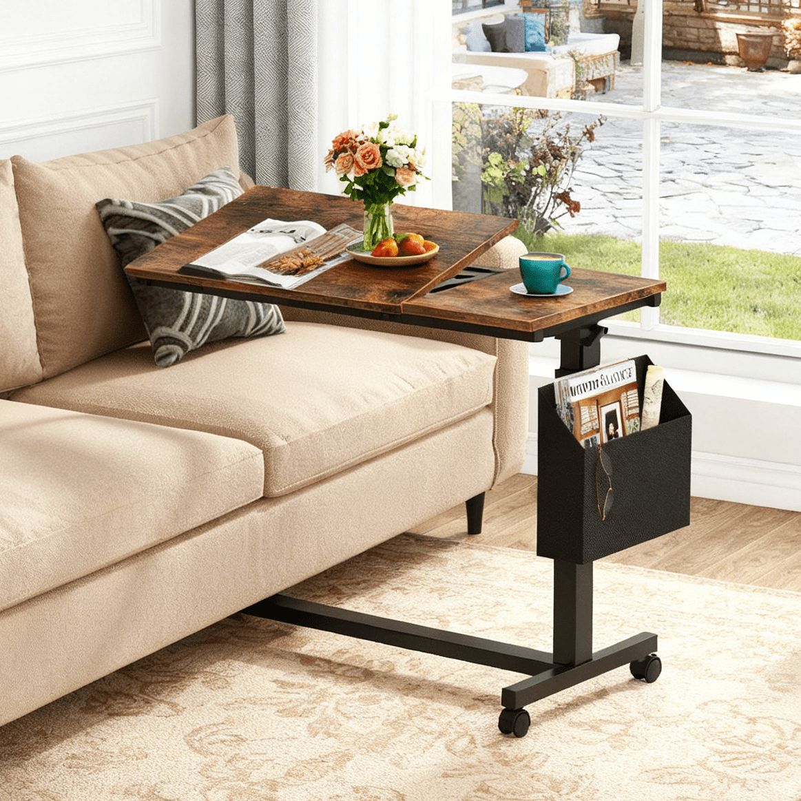 Fnova Height-Adjustable End Table with Wheels, C-Shaped Mobile Sofa Snack Tray, Tiltable Drawing Board, Laptop Side Table for Living Room, Bedside Table for Couch,WM010117_DBN_Tables
