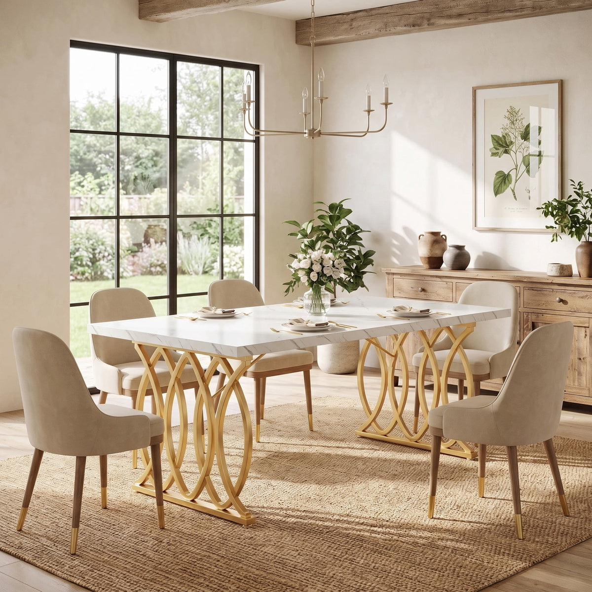 Fnova 63-Inch Modern Faux Marble Dining Table for 4-6 People, Rectangular Kitchen Table with Gold Metal Frame, Luxury Dinner Table for Dining Room, Living Room, Patio, Apartment, Cafe,WM010462_WG_US