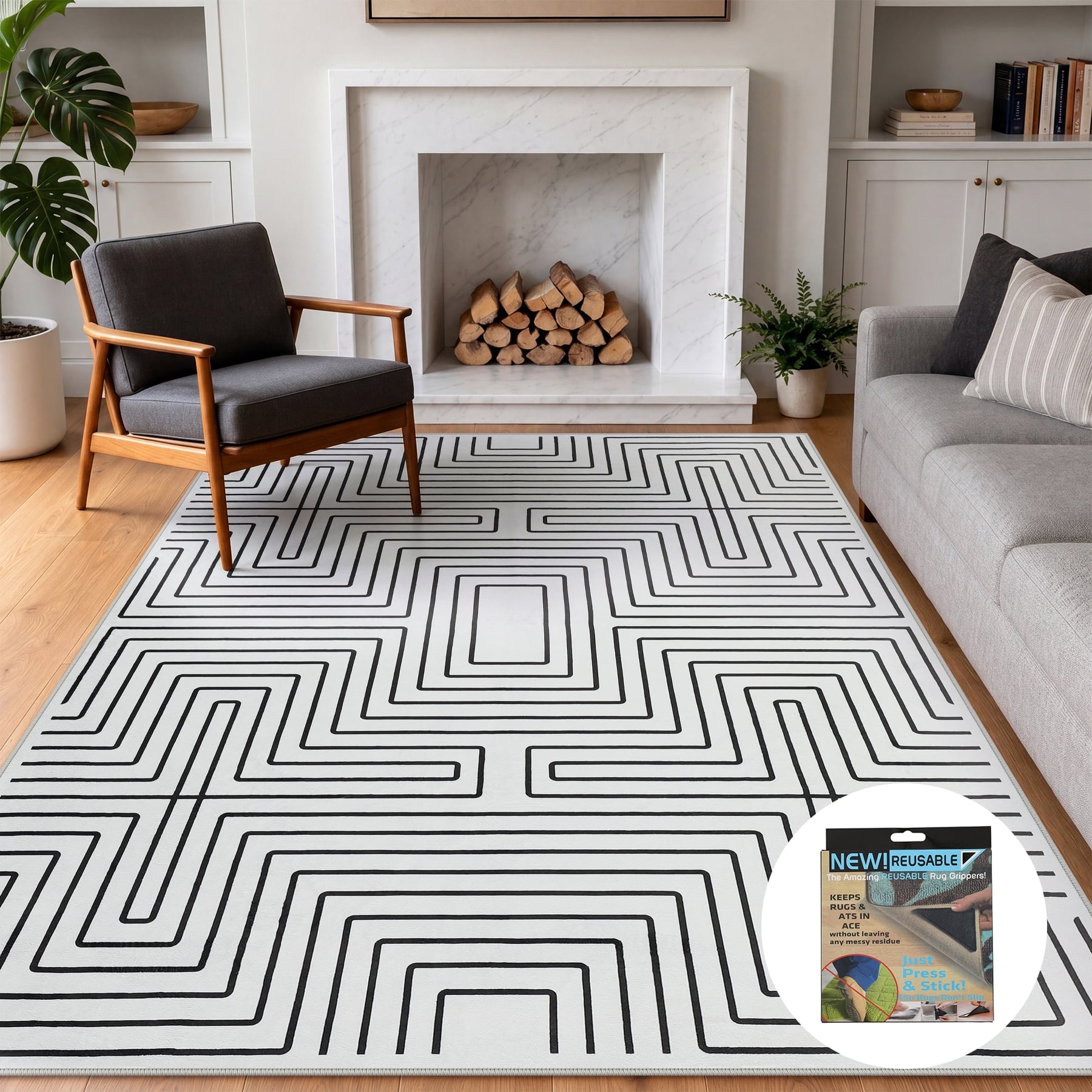 Fnova Geometric Maze Pattern Area Rug, 8-Ftx10-Ft Machine Washable Non Slip Rug for Living Room Bedroom Kitchen, Low Pile Indoor Carpet,WM011607_BK8_US