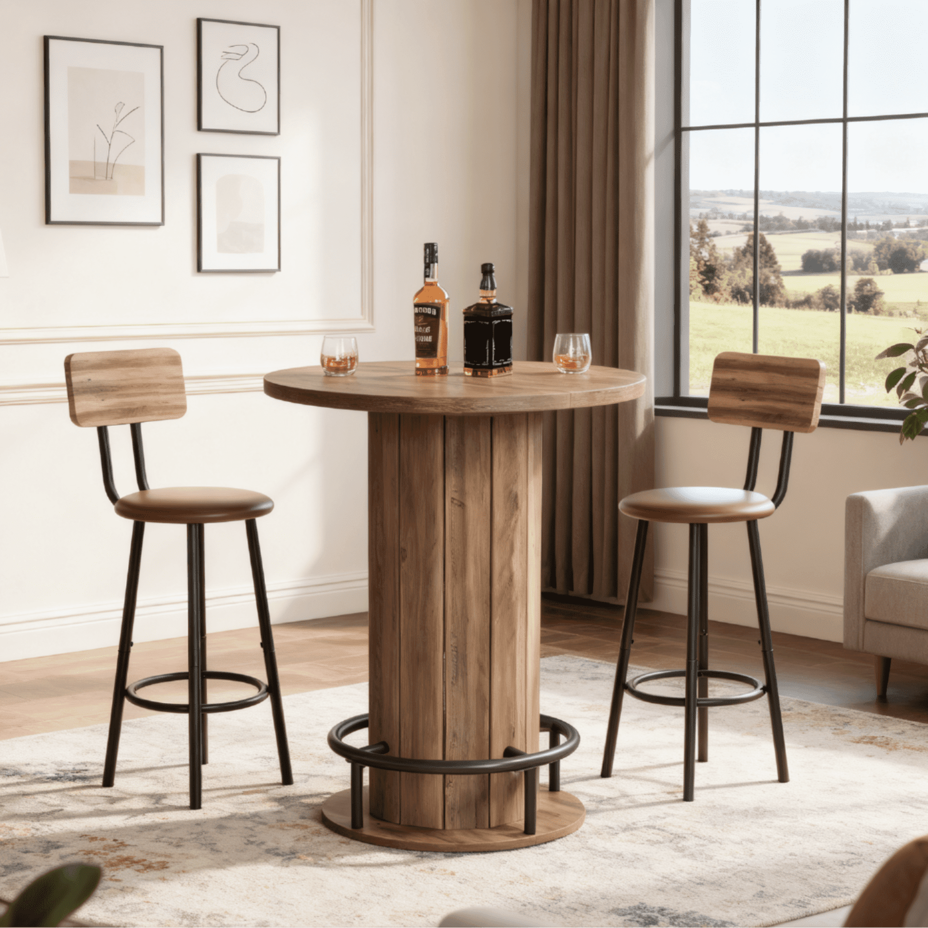 Fnova 39.4" Round Dining Table, Small Circle Kitchen Table with Wood Strip Base and Metal Footrest for Dining Room, Kitchen, Bar, Easy to Assemble,Brown
