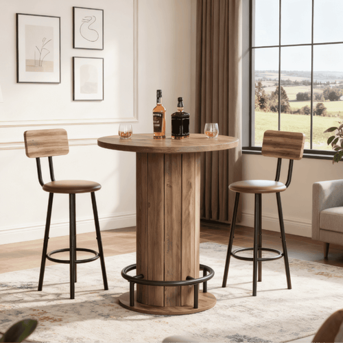 Fnova 39.4" Round Dining Table, Small Circle Kitchen Table with Wood Strip Base and Metal Footrest for Dining Room, Kitchen, Bar, Easy to Assemble,Brown