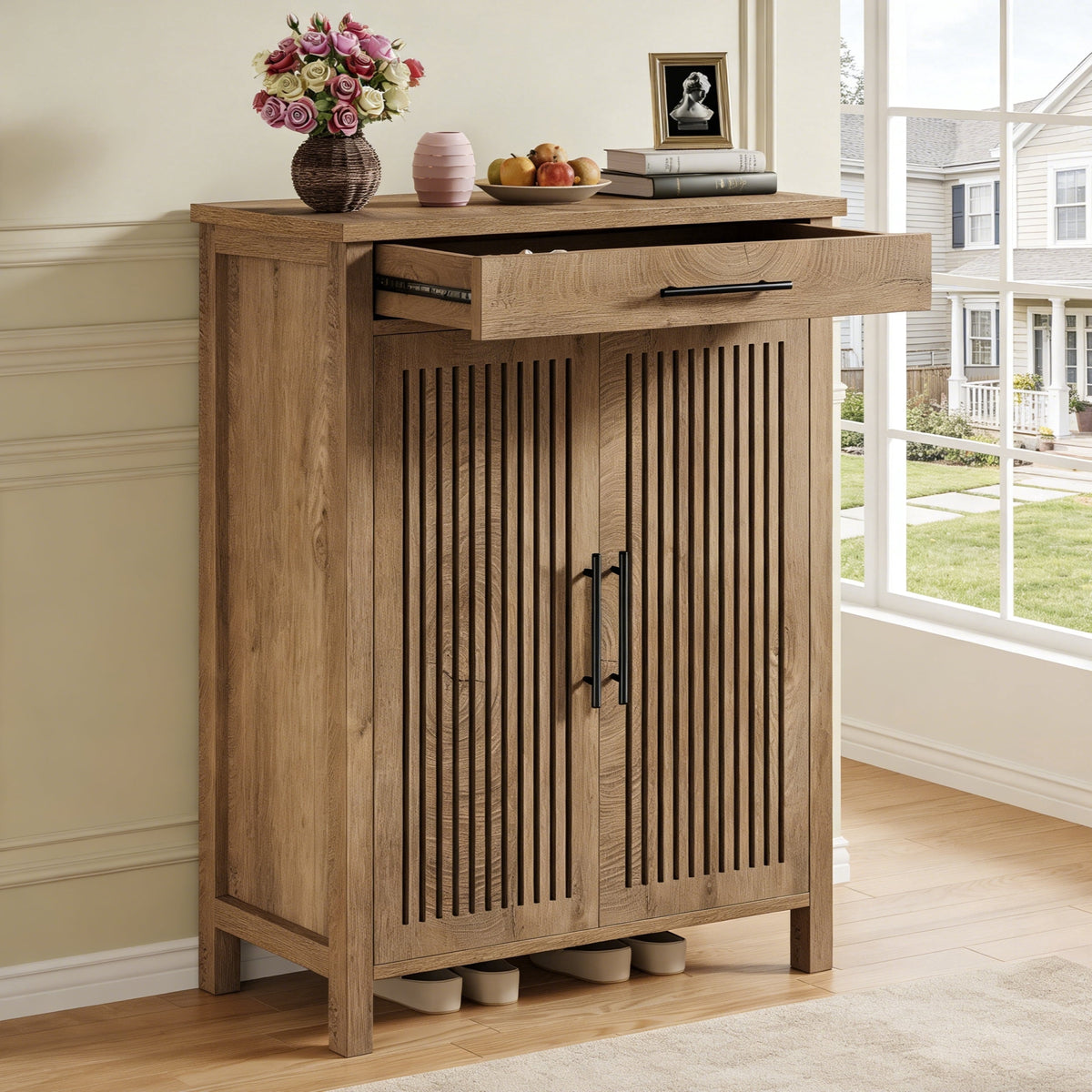 Fnova 5-Tier Cabinet with 1 Drawer, Side Cabinet Adjustable Shelves, Shoe Storage, Louvered Doors, Easy Assembly, for Entryway, Hallway, Living Room, Bathroom,WM011310_LBN_Cabinet