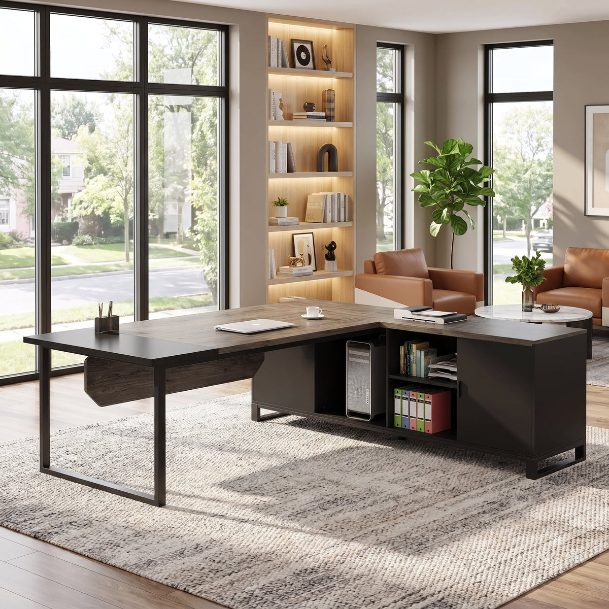 Fnova 70-Inch L-Shaped Executive Desk with Storage Cabinet, Large Corner Office Desk with Privacy Baffle, Modern Computer Desk for Home Office,WM010434_GB_US