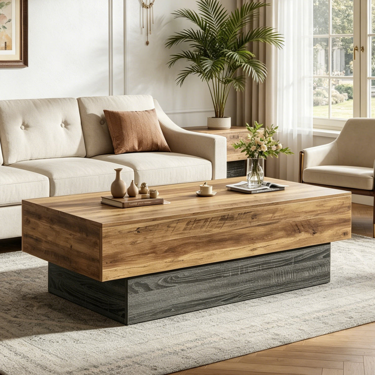 Fnova Modern Black 55 Inch Rectangle Wooden Coffee Table, Large Center Table, Cocktail Tea Table for Living Room, Reception Room, Office, Apartment,WM010479_BNB_US